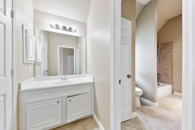 full bathroom with tiled shower / bath combo, tile patterned floors, lofted ceiling, toilet, and vanity