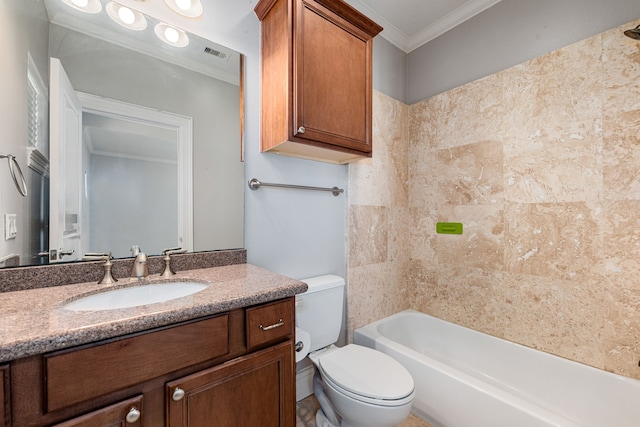 full bathroom with shower / tub combination, toilet, vanity, and ornamental molding