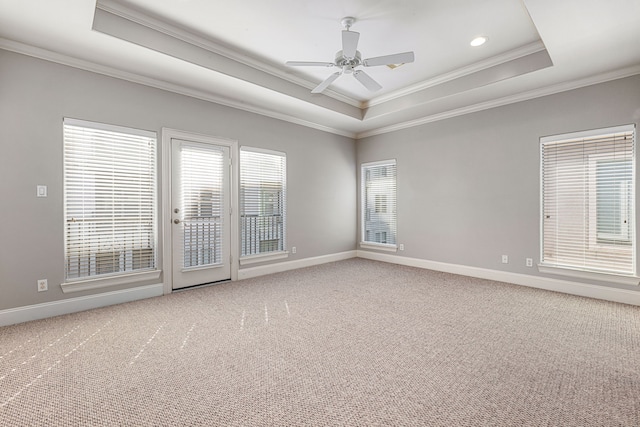 carpeted spare room with ceiling fan, a raised ceiling, and crown molding