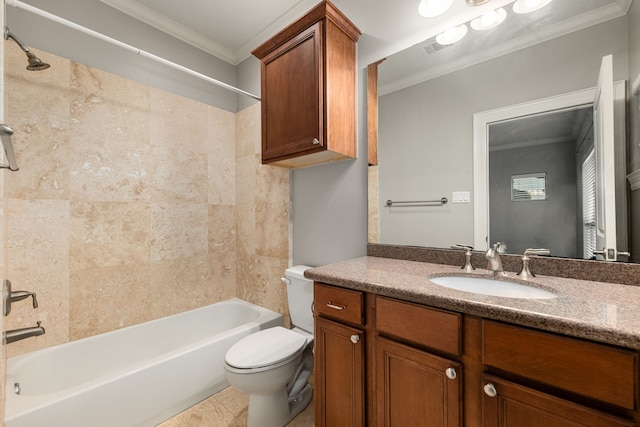 full bathroom with ornamental molding, vanity, shower / bathing tub combination, tile patterned flooring, and toilet