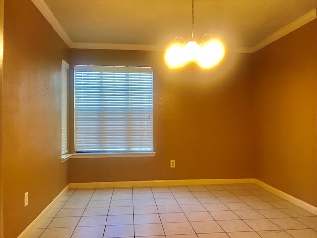 unfurnished room featuring tile patterned floors, ornamental molding, and an inviting chandelier