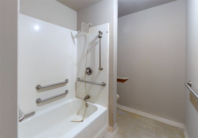 bathroom with toilet, a textured ceiling, tile patterned flooring, and tub / shower combination