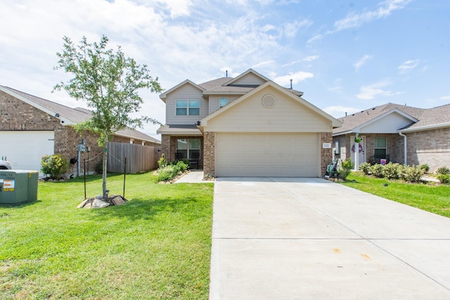 122 Austin Rd, Angleton, TX 77515 - traditional-style home with an attached garage, fence, concrete driveway, a front lawn, and brick siding
