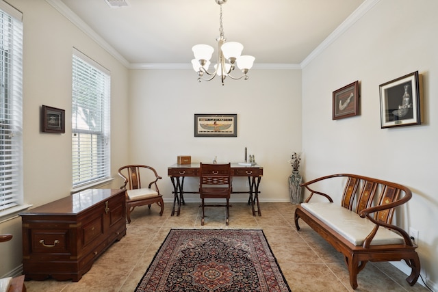 sitting room with ornamental molding, a notable chandelier, and light tile patterned floors