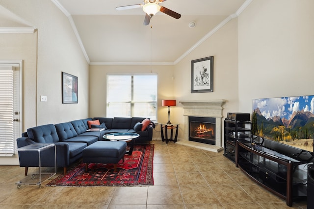 living room with light tile patterned flooring, ceiling fan, vaulted ceiling, and ornamental molding