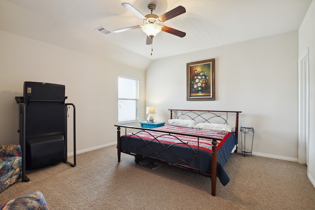 bedroom featuring carpet floors, ceiling fan, and vaulted ceiling