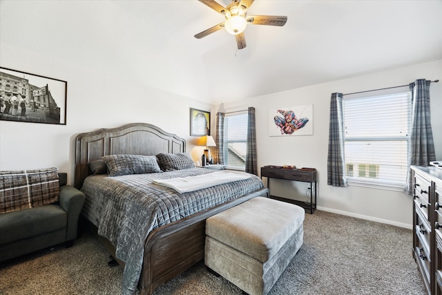 bedroom featuring ceiling fan, carpet flooring, and multiple windows