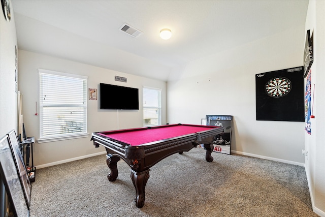 rec room featuring carpet, vaulted ceiling, and pool table