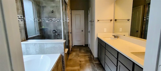 bathroom with vanity, shower with separate bathtub, and tile patterned floors