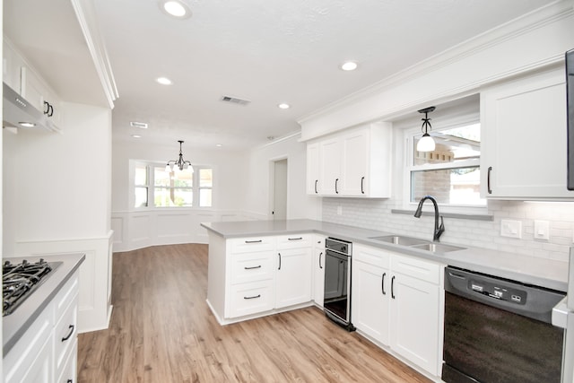 kitchen with kitchen peninsula, pendant lighting, dishwasher, and sink