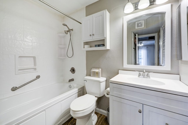 full bathroom featuring toilet, shower / bathing tub combination, vanity, and wood-type flooring