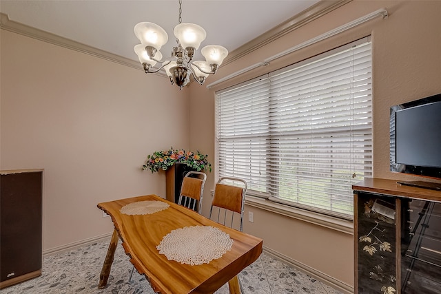 dining space with crown molding and a notable chandelier