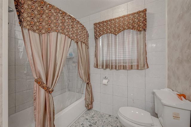 bathroom with tile walls, tile patterned flooring, toilet, and shower / bathtub combination with curtain