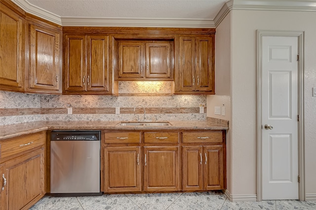 kitchen featuring stainless steel dishwasher, sink, light stone counters, and backsplash