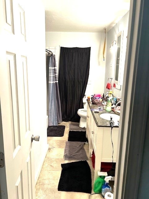 bathroom featuring vanity, a shower with curtain, wood-type flooring, and toilet