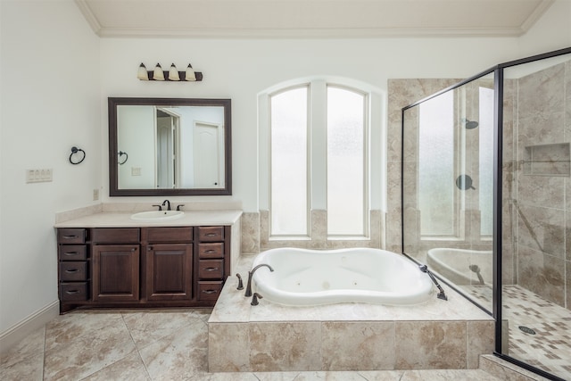 bathroom featuring vanity, crown molding, and independent shower and bath