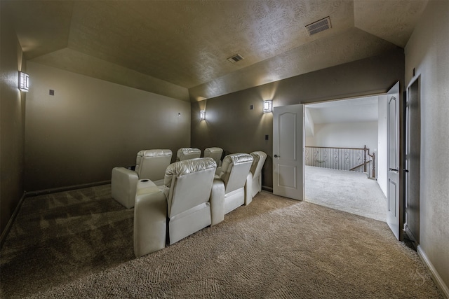 cinema featuring a textured ceiling, lofted ceiling, and carpet floors