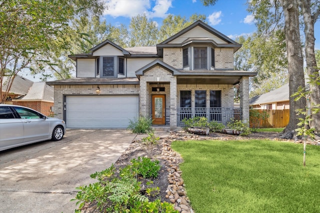 view of front property featuring covered porch, a garage, and a front lawn