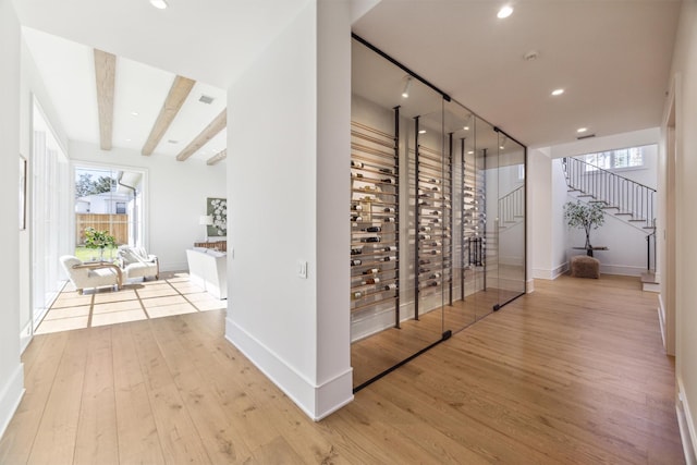1944 Larchmont Rd, Houston, TX 77019 - wine cellar with hardwood / wood-style flooring, plenty of natural light, baseboards, and recessed lighting