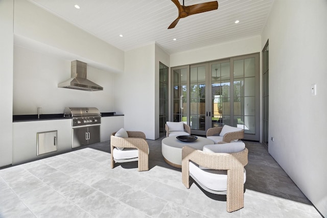 1944 Larchmont Rd, Houston, TX 77019 - view of patio / terrace with area for grilling, ceiling fan, french doors, a grill, and a sink