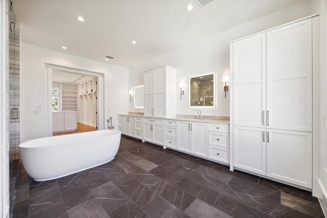 bathroom with separate shower and tub and vanity