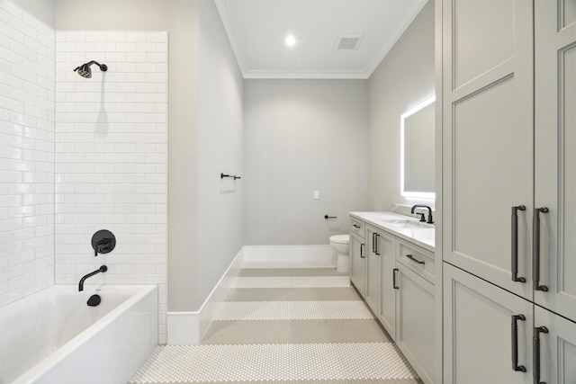 1944 Larchmont Rd, Houston, TX 77019 - full bath featuring ornamental molding, vanity, toilet, bathing tub / shower combination, and baseboards