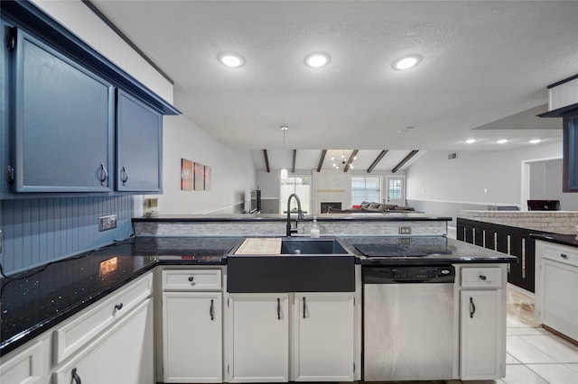 kitchen with white cabinetry, a textured ceiling, dishwasher, sink, and blue cabinets