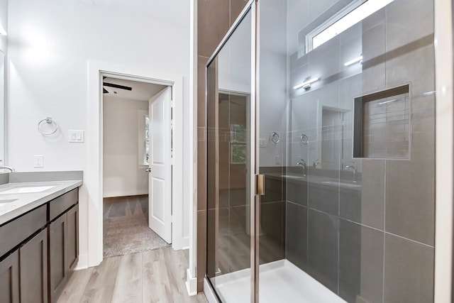 bathroom with vanity, hardwood / wood-style flooring, and a shower with door