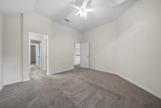 unfurnished bedroom with vaulted ceiling, ceiling fan, and carpet floors