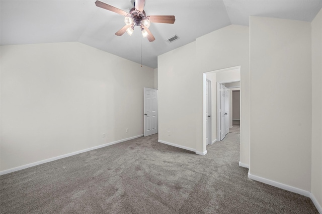 unfurnished bedroom with lofted ceiling, carpet floors, and ceiling fan