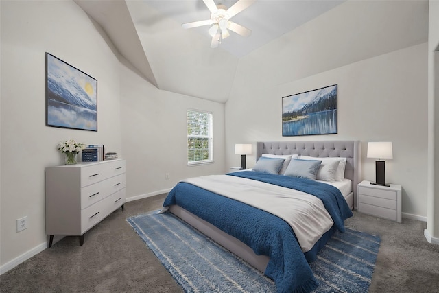 carpeted bedroom with lofted ceiling and ceiling fan