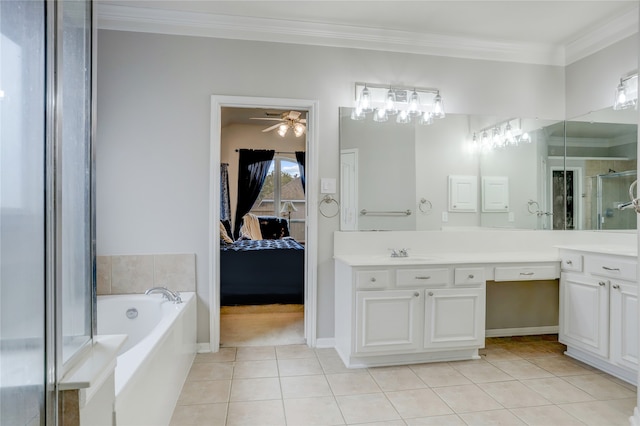 bathroom with ceiling fan, tile patterned flooring, separate shower and tub, crown molding, and vanity