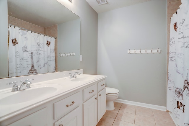 bathroom with tile patterned flooring, vanity, toilet, and a shower with curtain