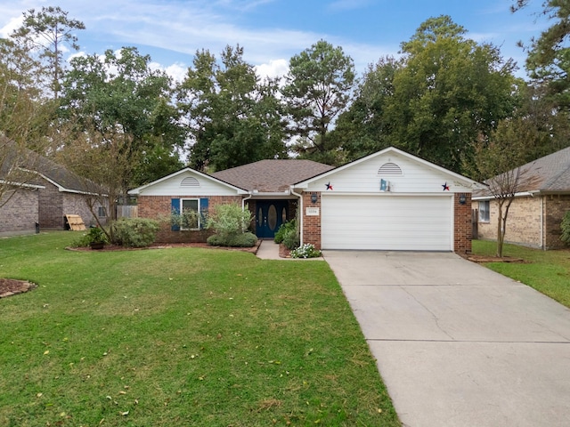 ranch-style home featuring a garage and a front lawn