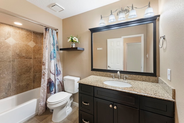 full bathroom featuring a textured ceiling, shower / bath combination with curtain, toilet, tile patterned floors, and vanity