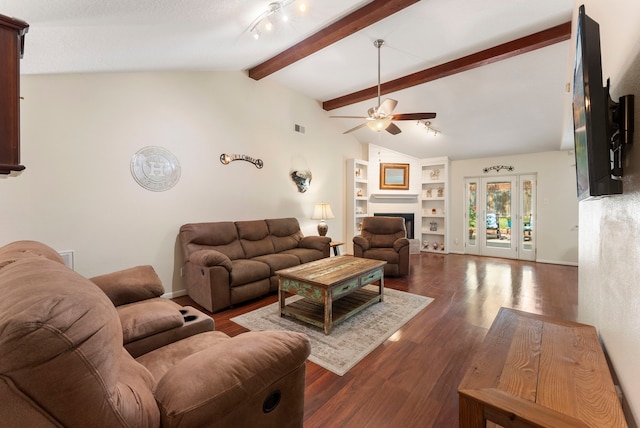 living room featuring french doors, lofted ceiling with beams, dark hardwood / wood-style floors, and ceiling fan