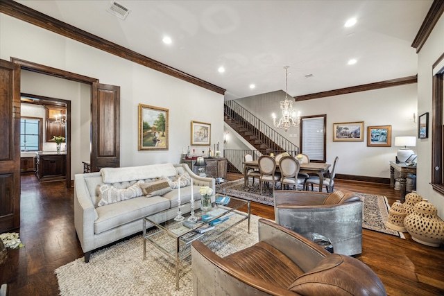 living room with a chandelier, crown molding, and dark hardwood / wood-style flooring