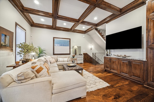 living room with dark hardwood / wood-style flooring, beamed ceiling, and coffered ceiling