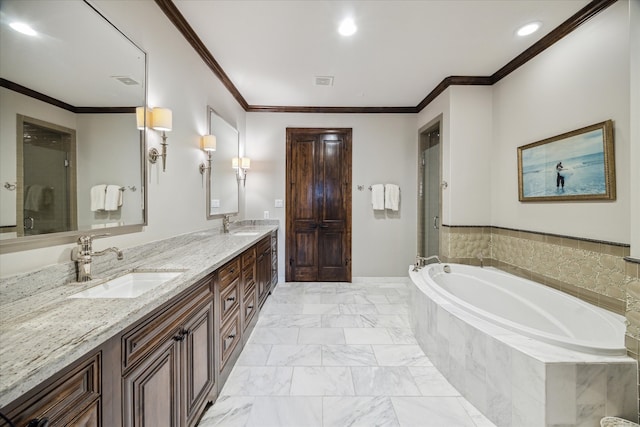 bathroom featuring vanity, crown molding, and independent shower and bath