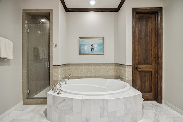 bathroom with crown molding and separate shower and tub