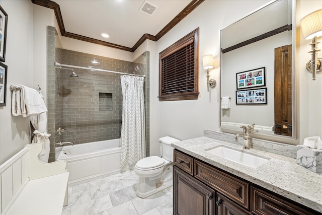 full bathroom with toilet, shower / tub combo, vanity, and ornamental molding