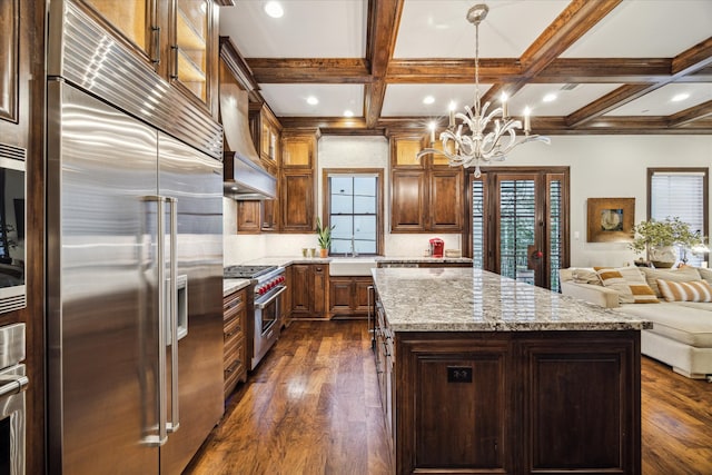 kitchen featuring dark hardwood / wood-style floors, custom exhaust hood, decorative light fixtures, a kitchen island, and premium appliances