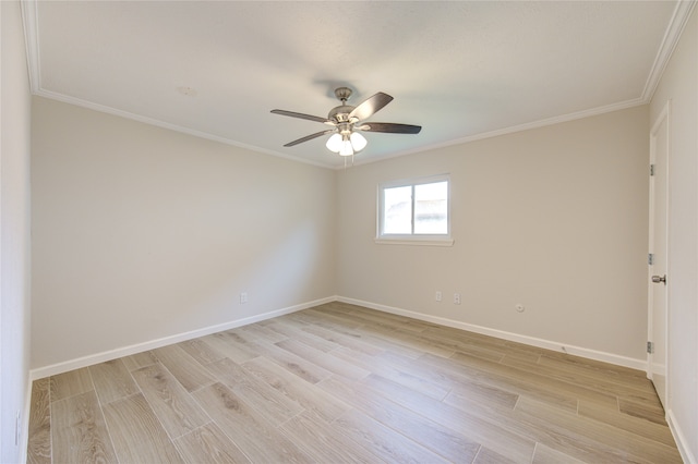 spare room featuring ceiling fan, crown molding, and light hardwood / wood-style flooring