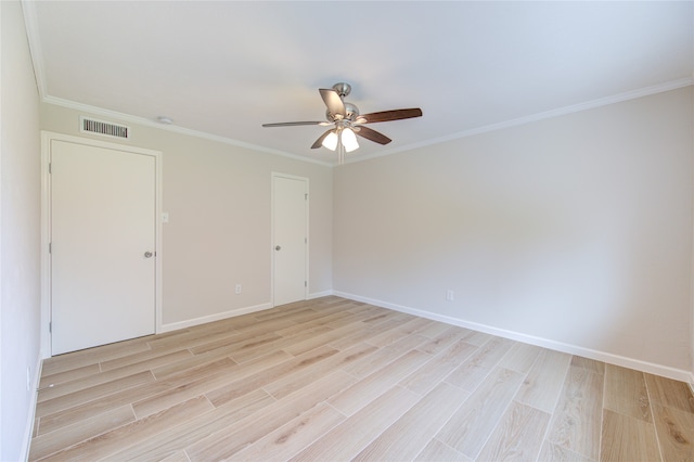 empty room with ceiling fan, light hardwood / wood-style flooring, and crown molding