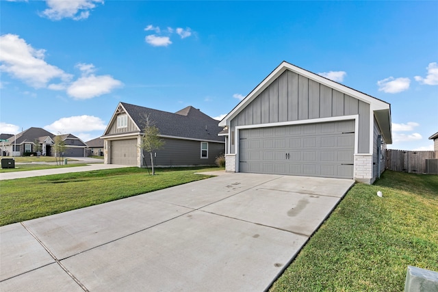 single story home featuring cooling unit, a garage, and a front lawn