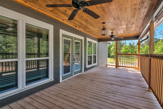 deck featuring ceiling fan and french doors