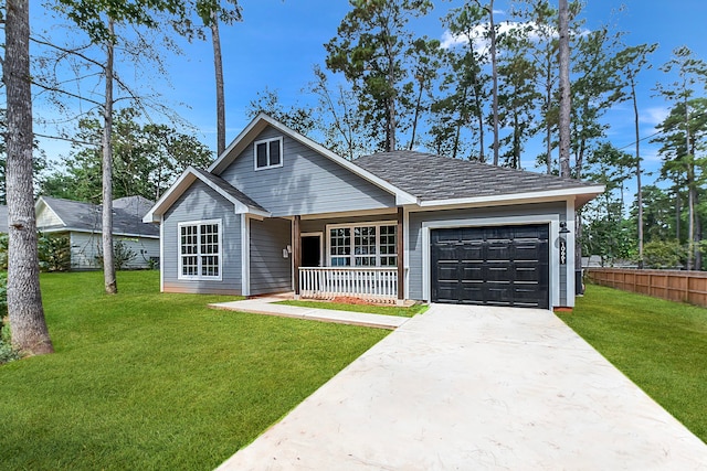 ranch-style house with a front yard, covered porch, and a garage