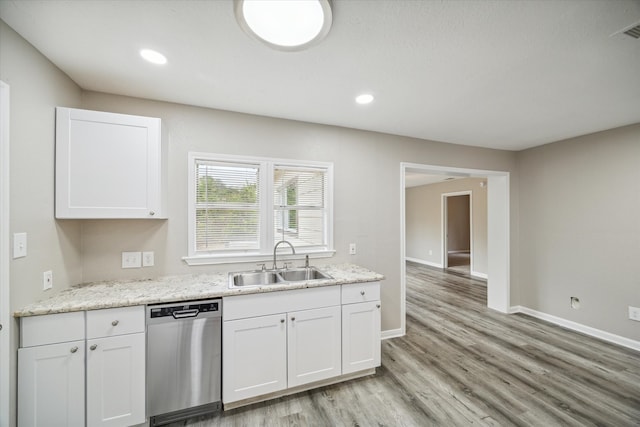 kitchen featuring light hardwood / wood-style flooring, sink, stainless steel dishwasher, and white cabinets