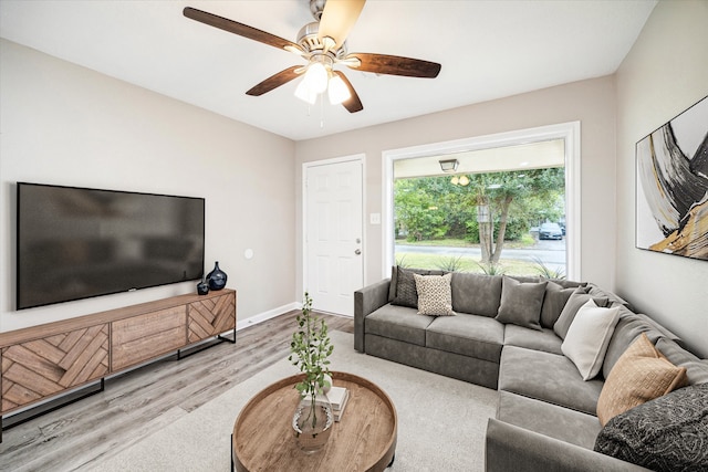 living room featuring ceiling fan and wood-type flooring