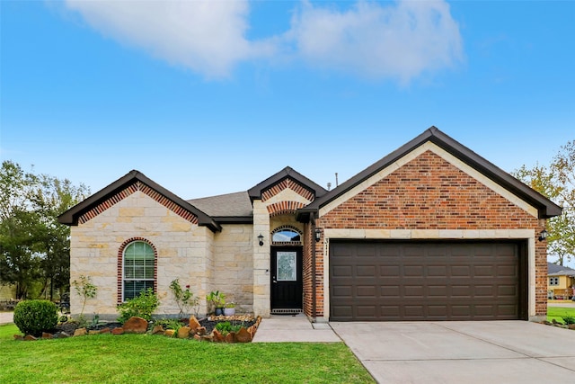 view of front of home with a front lawn and a garage